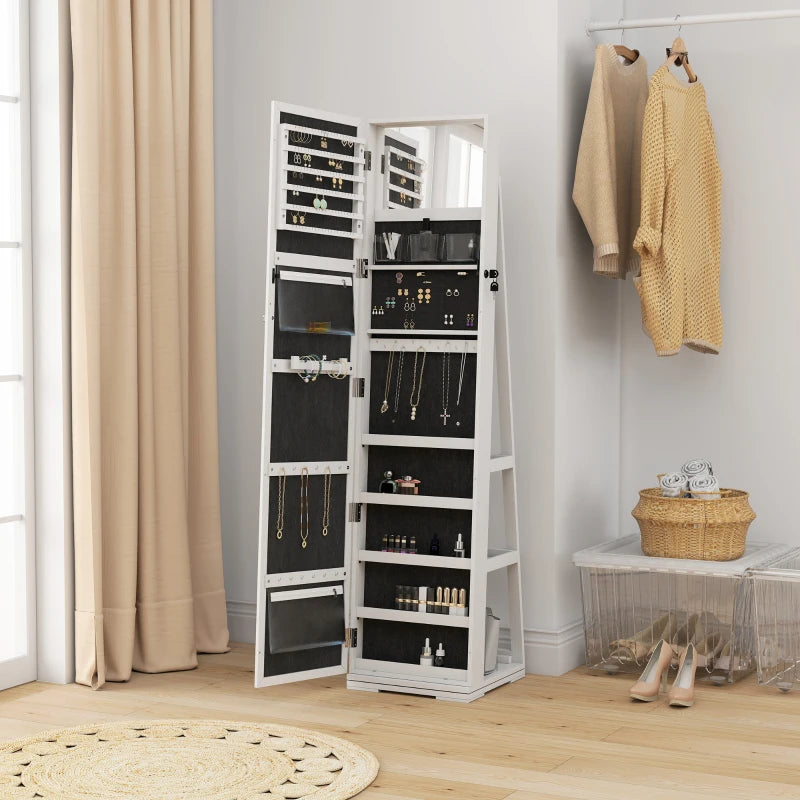 360° Swivel Jewelry Armoire with Lockable Mirror Cabinet, White