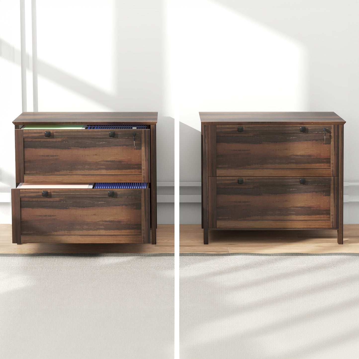 2-Drawer Wooden File Cabinet with Lock - Brown
