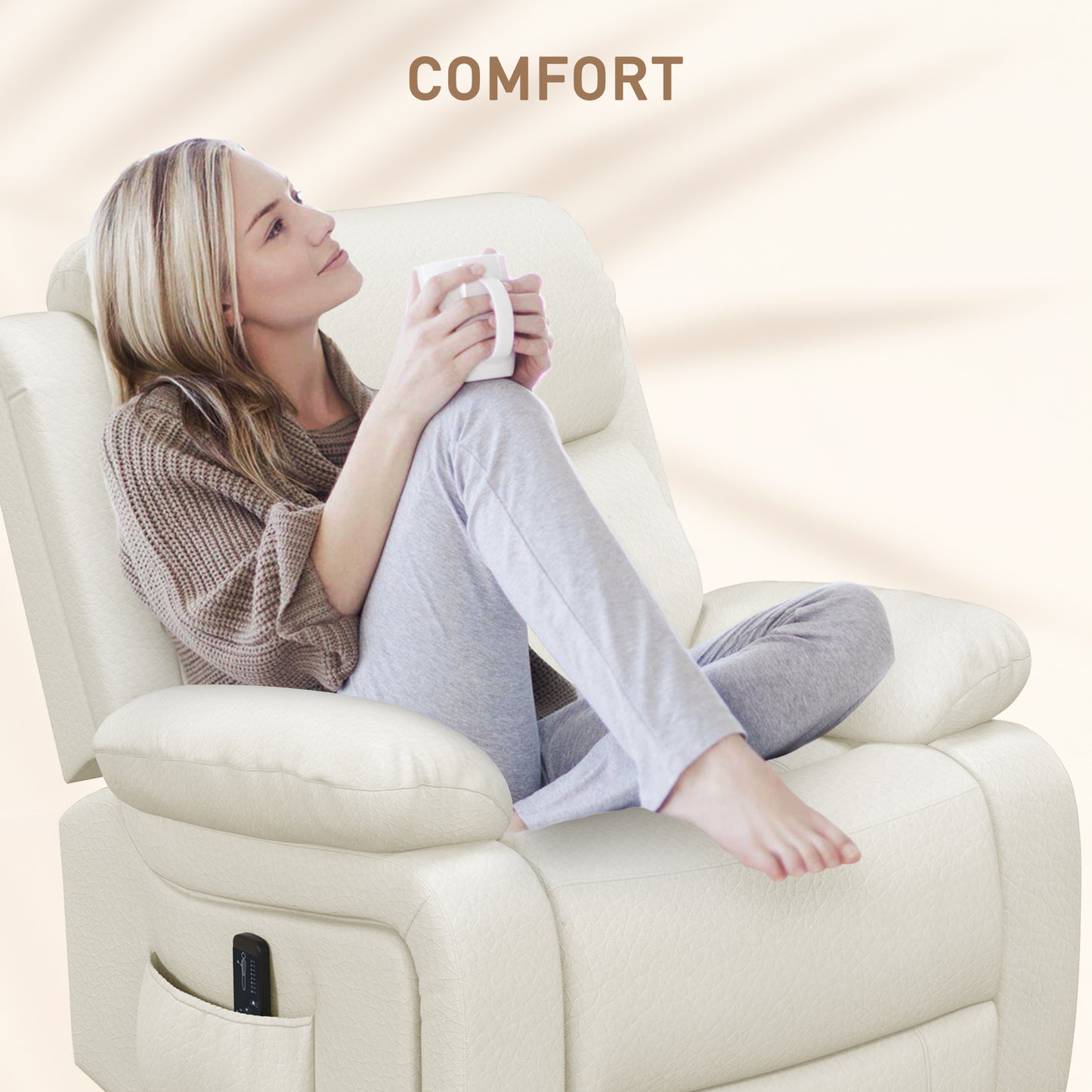 PU Leather Massage Recliner Chair with Swivel Base, Cream White