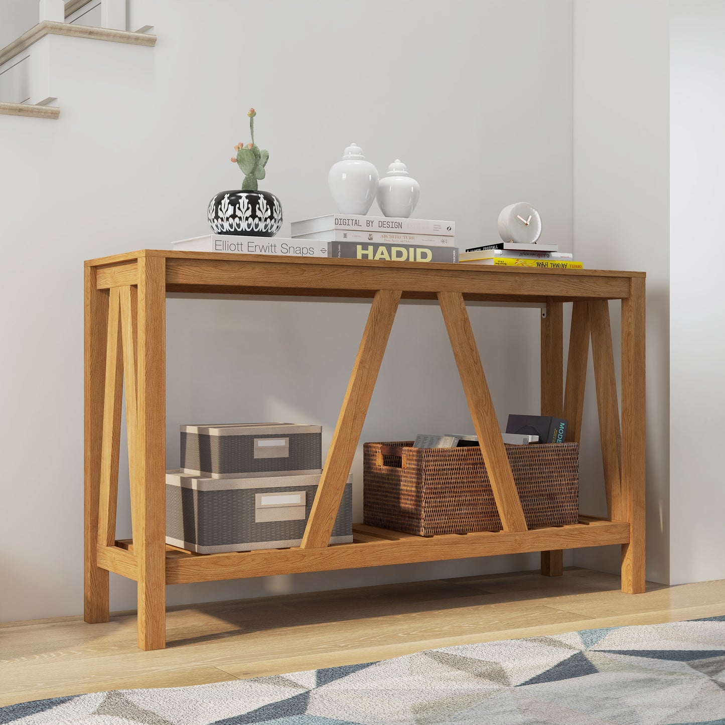 Rustic Brown Farmhouse Console Table with Storage