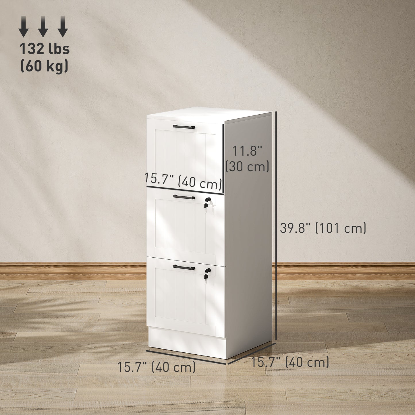 3-Drawer Locking File Cabinet with Adjustable Hanging Bars - White