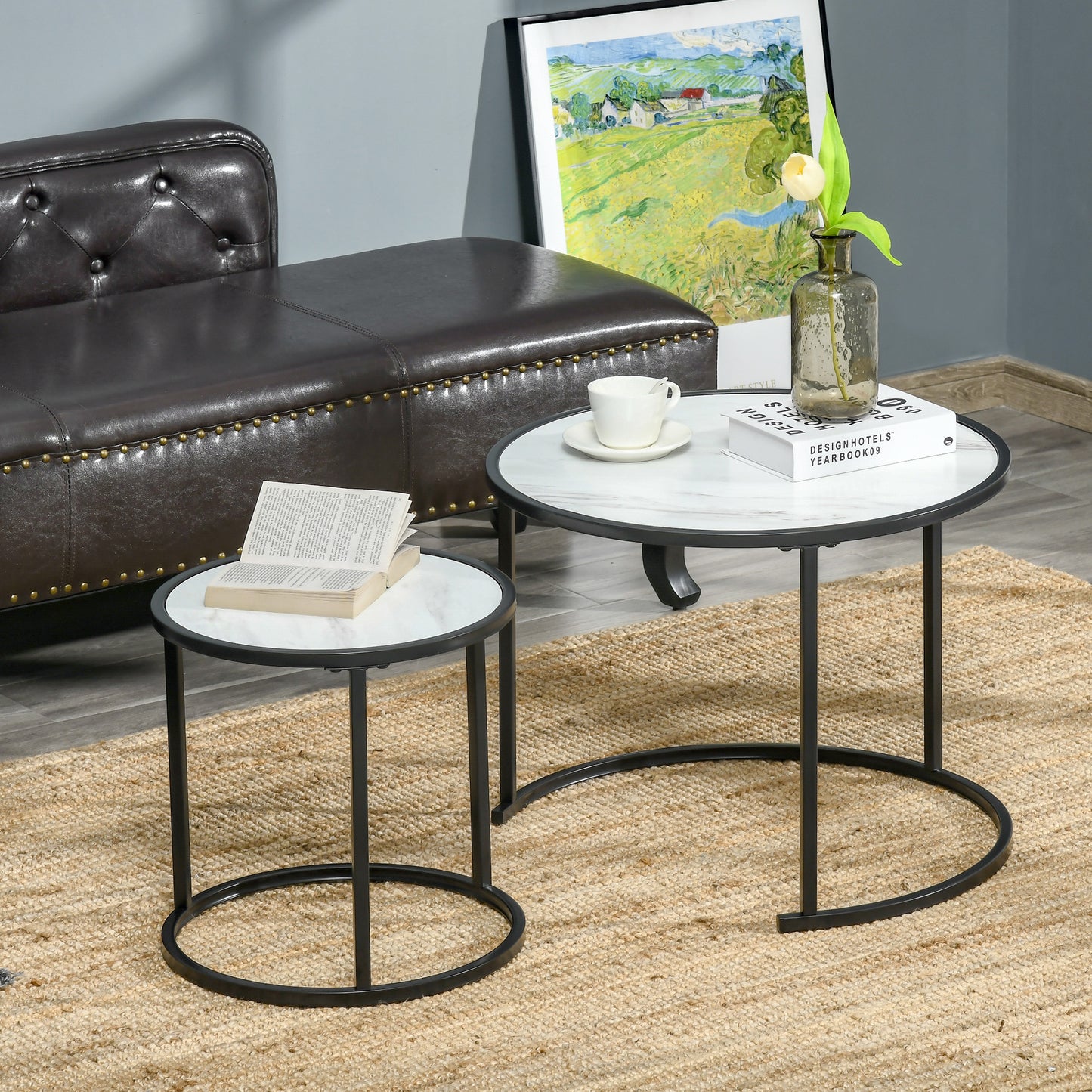 White Round Nesting Coffee Tables with Faux Marble Top