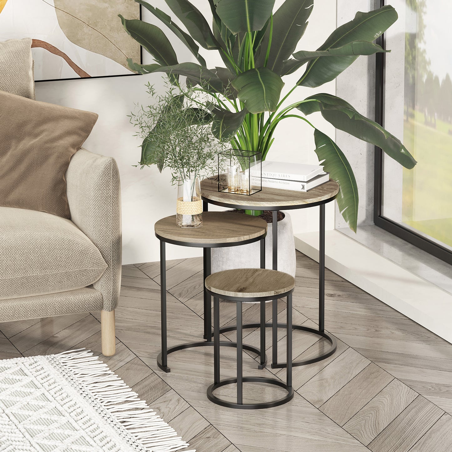Round Nesting Coffee Table Set of 3 with Steel Frame - Natural Wood