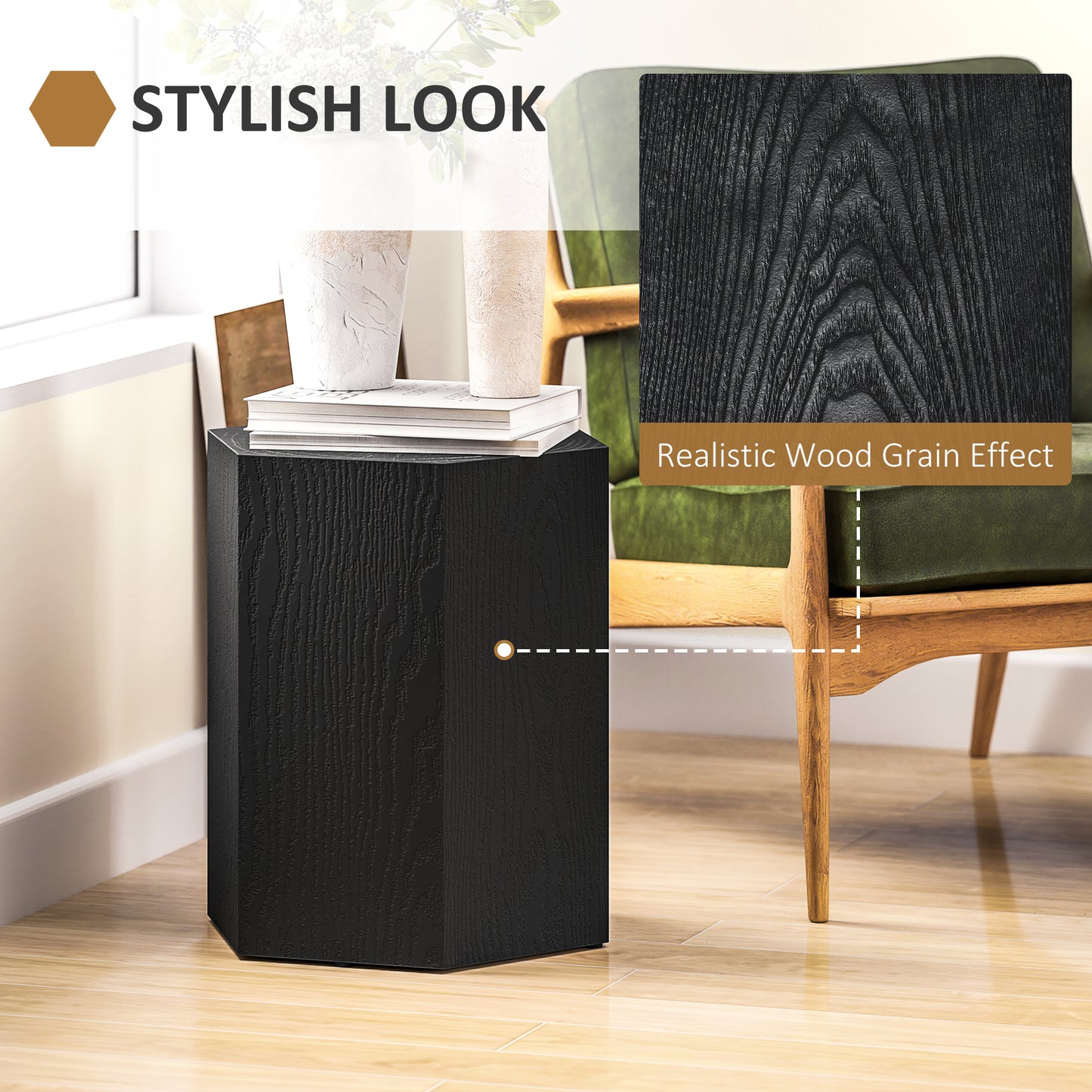 Hexagonal Wood Grain Side Table for Indoor and Outdoor Use, Black