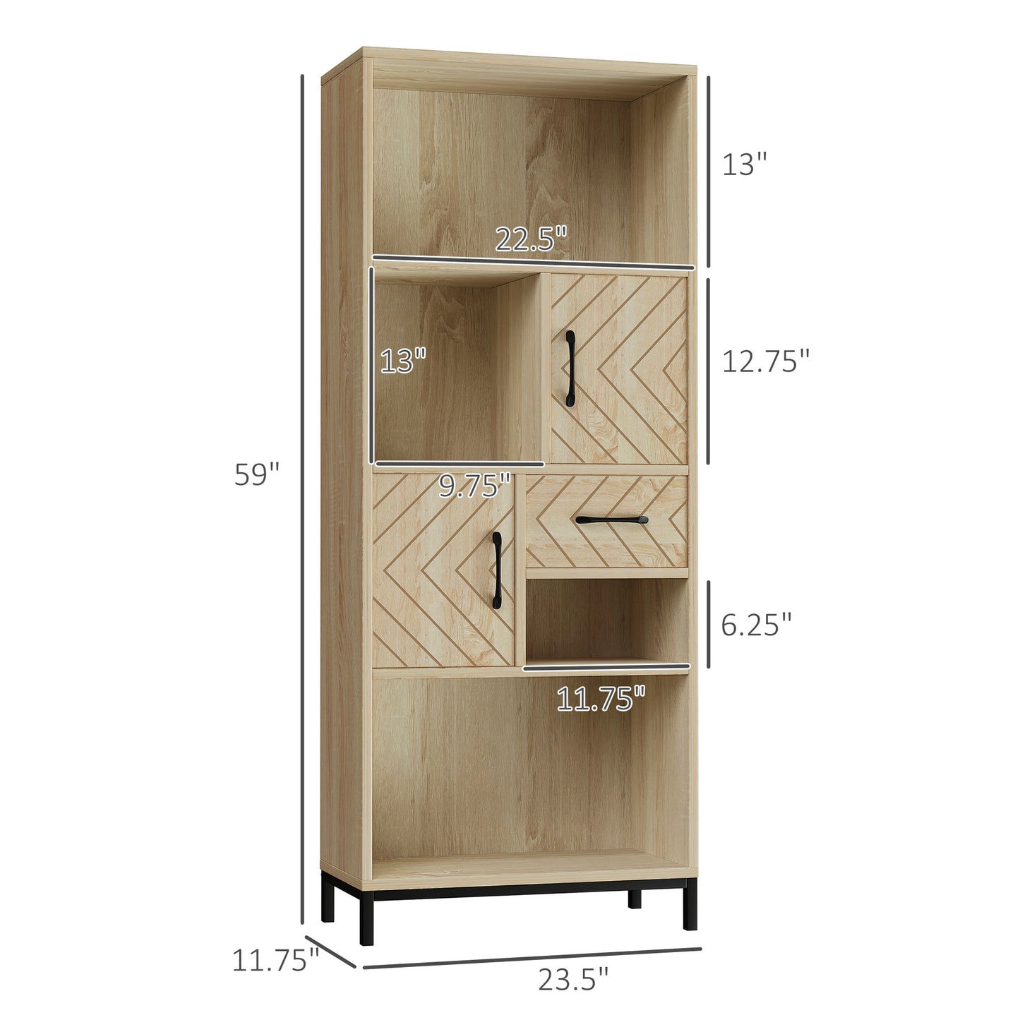 59" Storage Bookcase with Cabinets and Drawer, Natural Wood