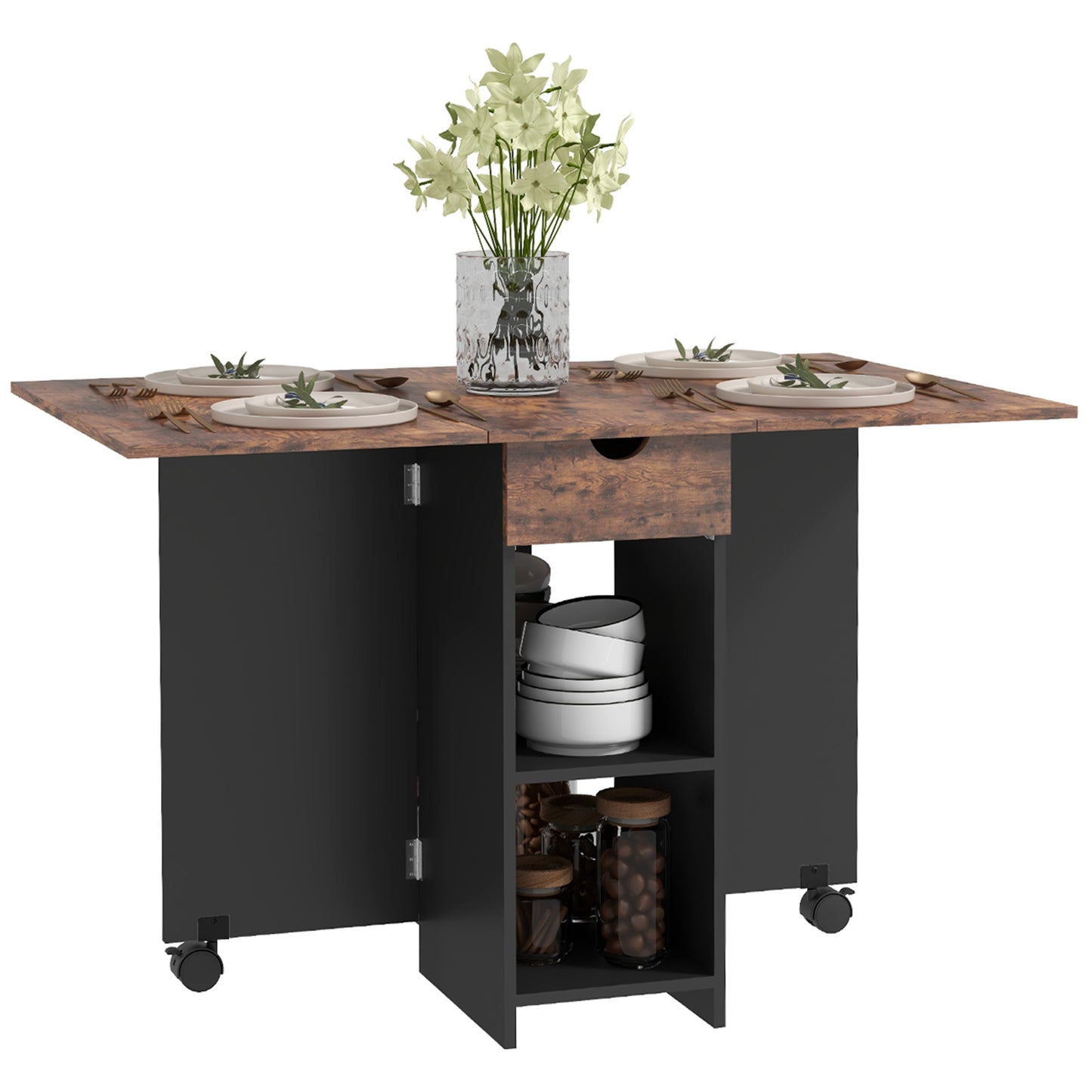 Folding Dining Table with Drawer and Storage Shelves - Rustic Brown