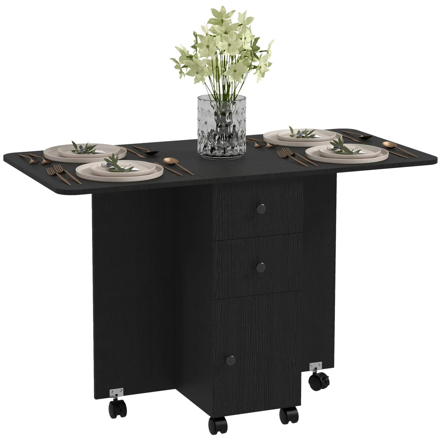 Drop Leaf Dining Table with Drawers and Cabinet - Black