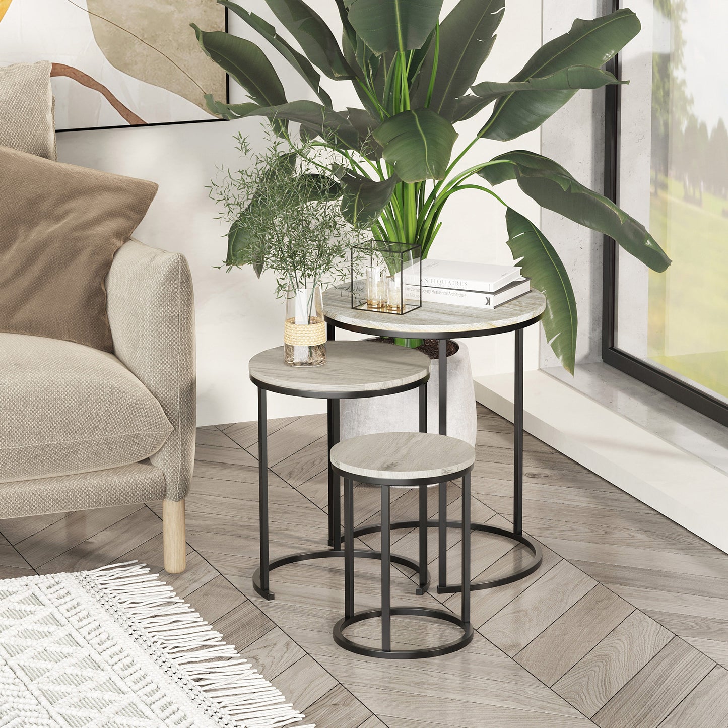 Round Nesting Coffee Table Set of 3 with Steel Frame - Grey