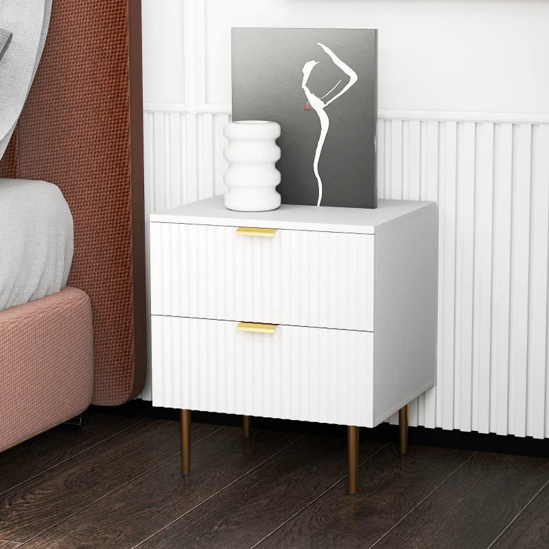 Modern Nightstand with Gold Finger Pulls and Fluted Drawers, White