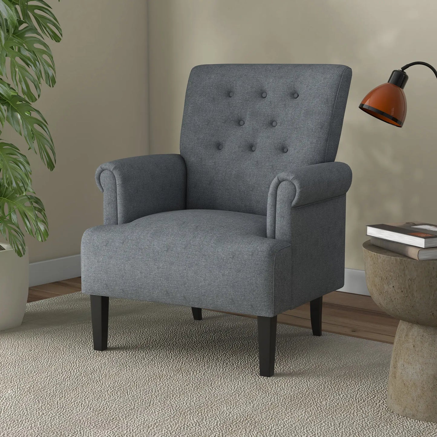 Fabric Accent Chair with Wood Legs and Rolled Arms, Gray