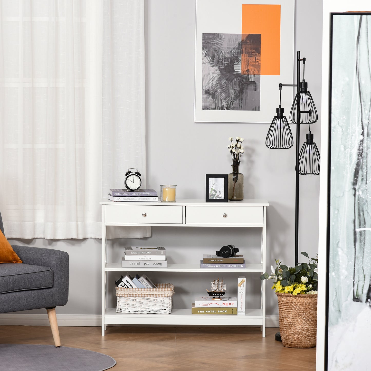 39" Console Table with X-Frame Design and Storage Drawers, White