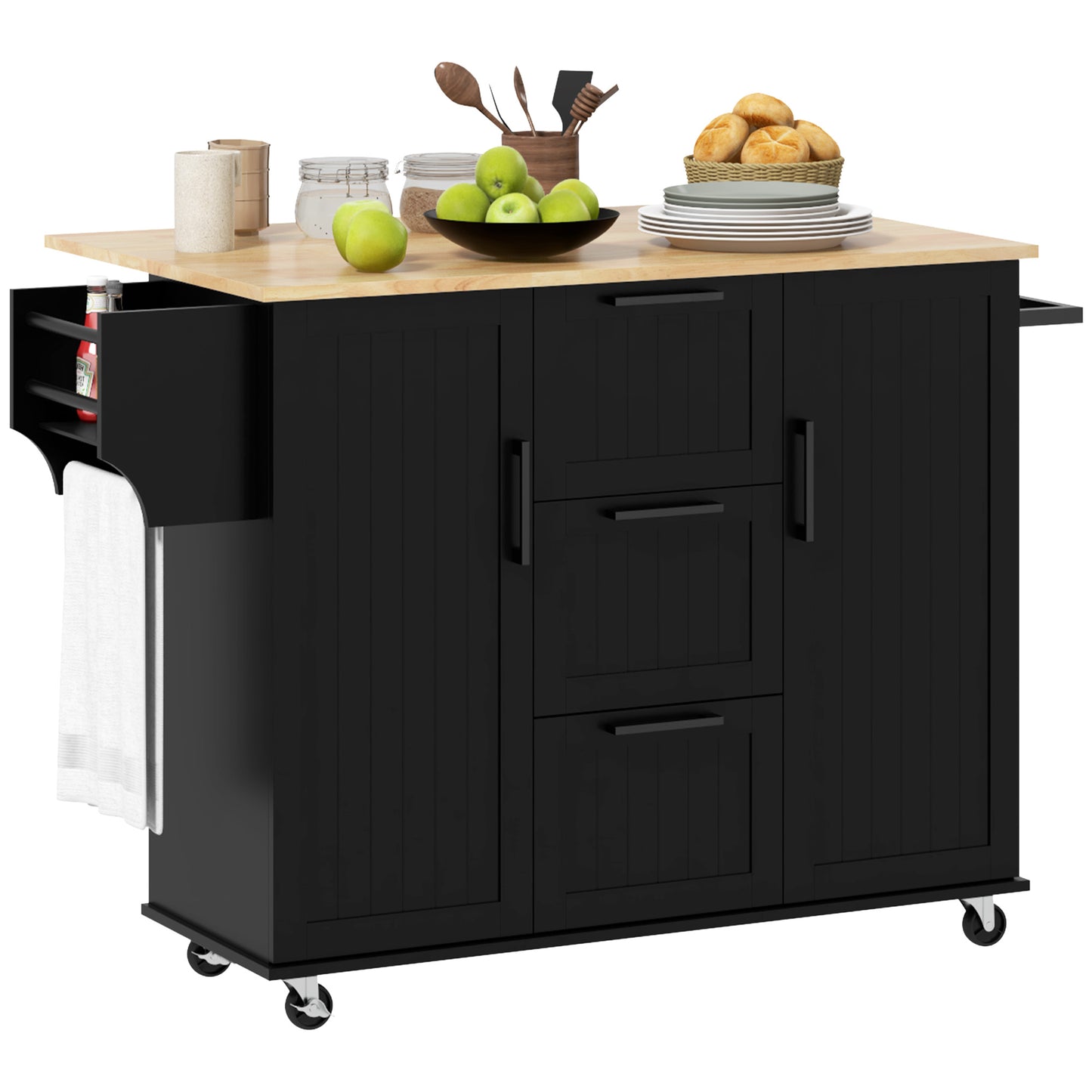 Rolling Kitchen Cart with Drop Leaf, 3 Drawers and Solid Wood Top, Black