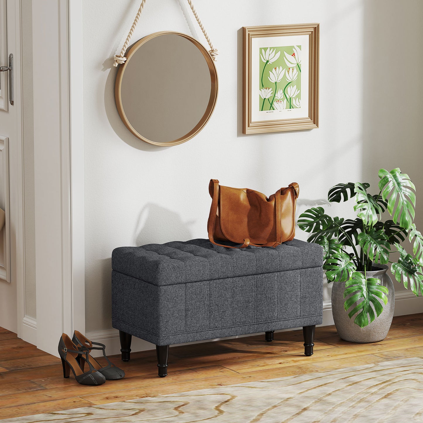 Button Tufted Storage Ottoman Bench - Grey