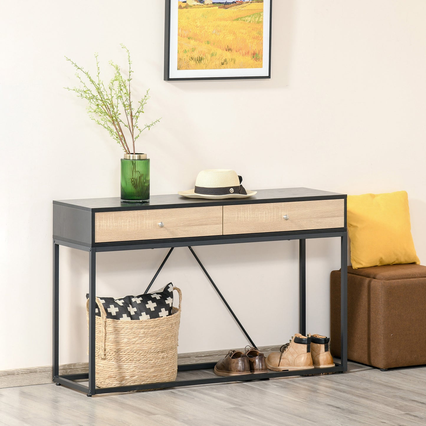 47" Industrial Console Table with Steel Frame and 2 Storage Drawers, Black