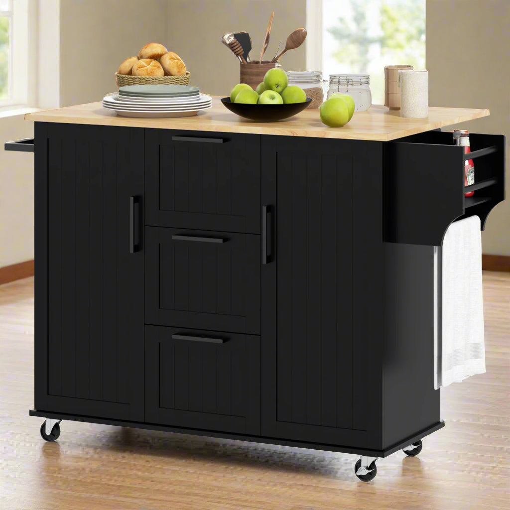 Rolling Kitchen Cart with Drop Leaf, 3 Drawers and Solid Wood Top, Black