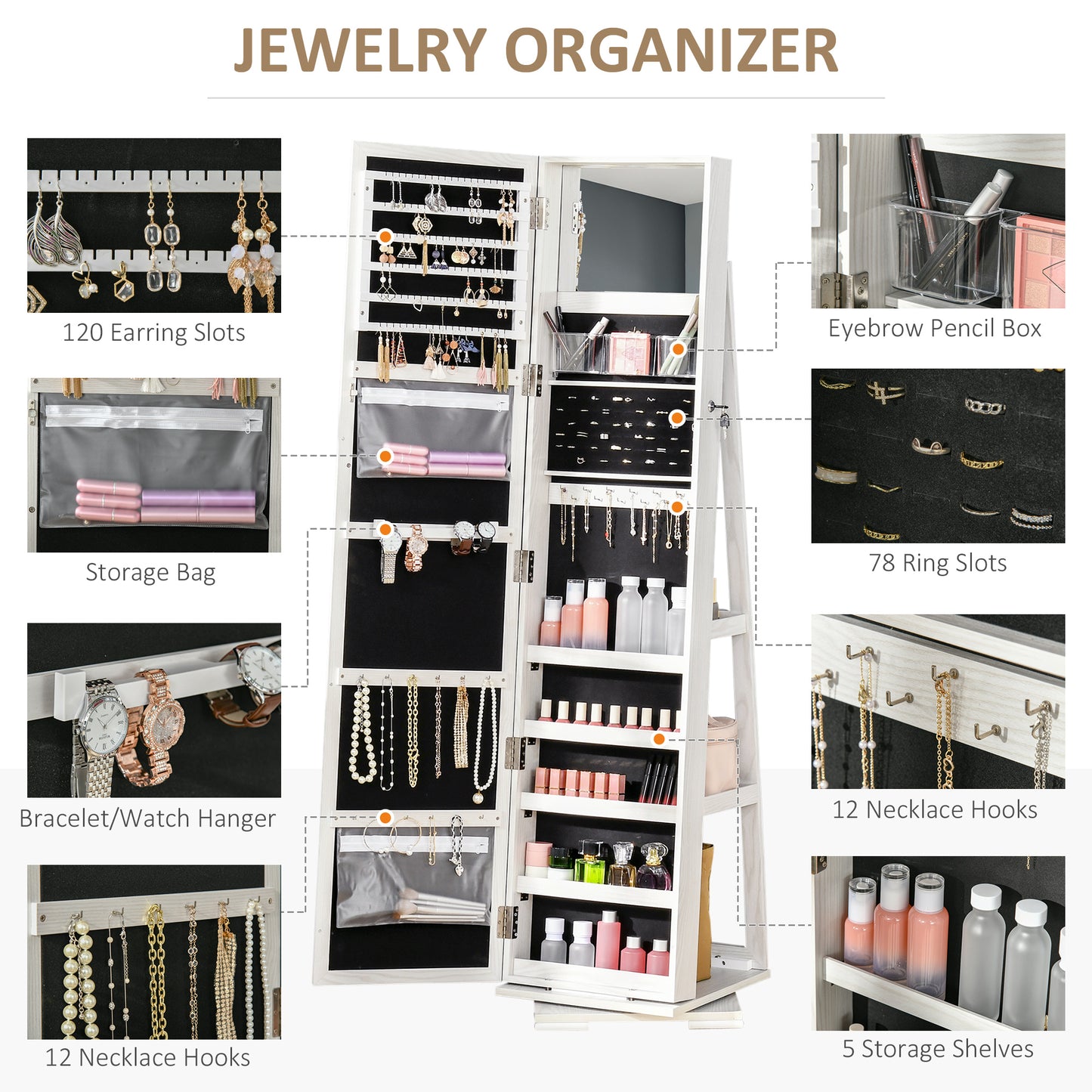360° Swivel Jewelry Armoire with Lockable Mirror Cabinet, White