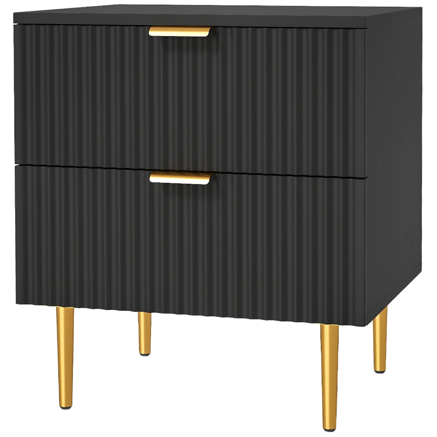 Modern Nightstand with Gold Finger Pulls and Fluted Drawers, Black