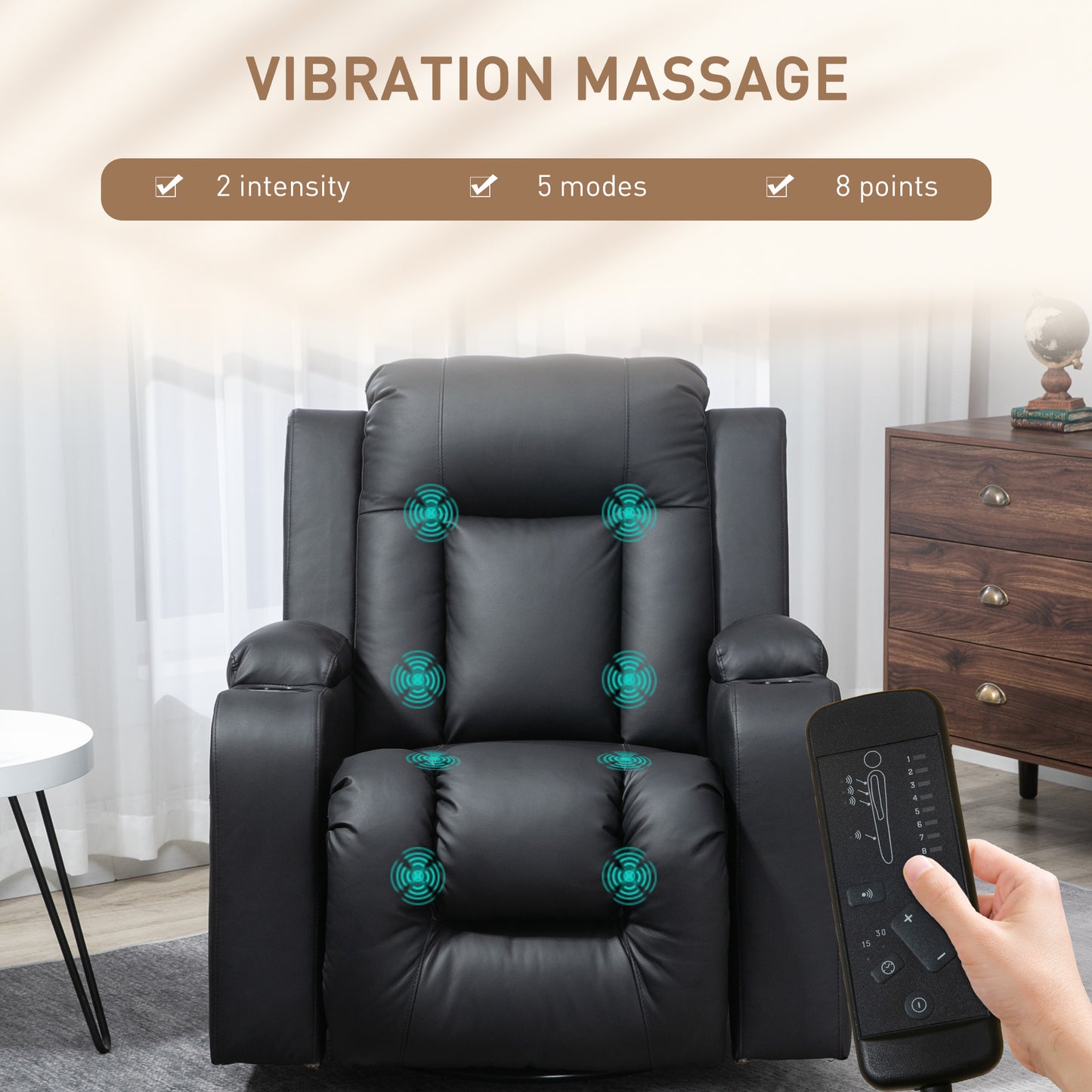360° Swivel Massage Recliner Chair with Cup Holders, Black