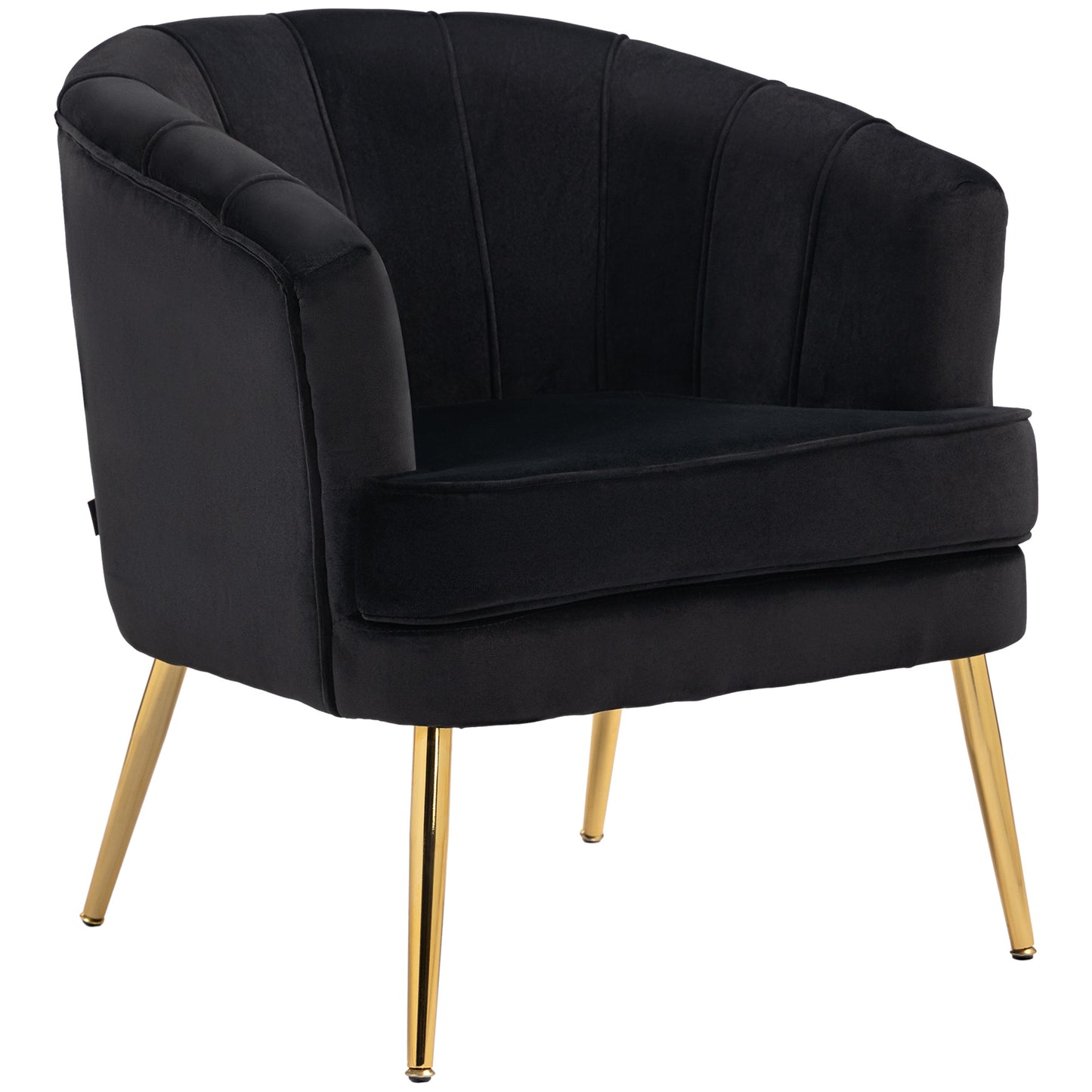 Channel-Tufted Tub Armchair with Velvet Upholstery and Gold Legs, Black