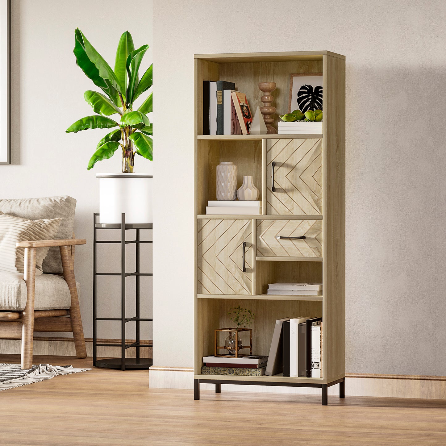 59" Storage Bookcase with Cabinets and Drawer, Natural Wood
