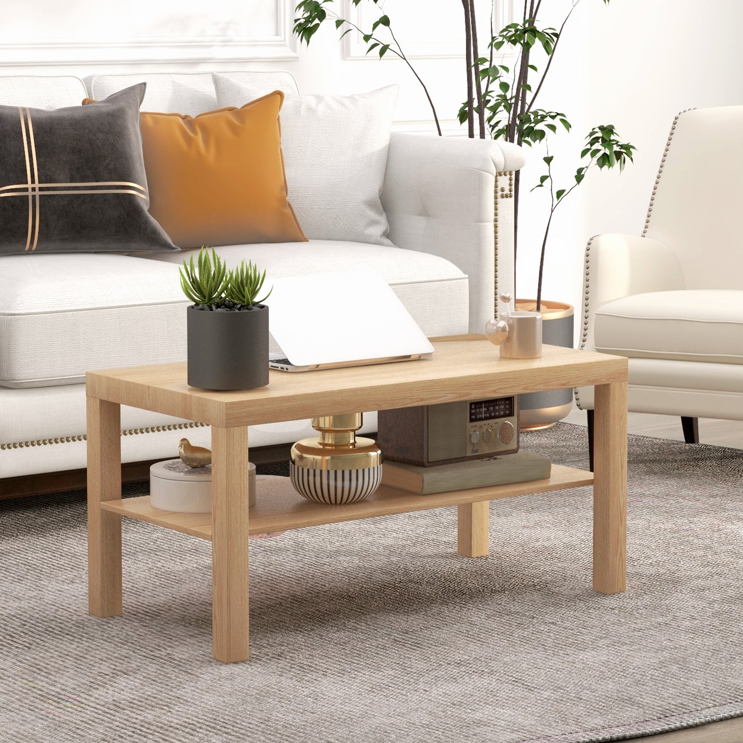 Rectangular Coffee Table with Storage Shelf - Natural Wood