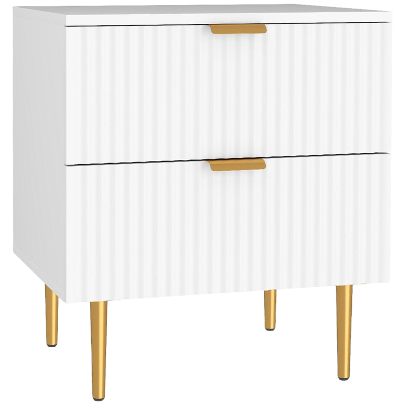 Modern Nightstand with Gold Finger Pulls and Fluted Drawers, White