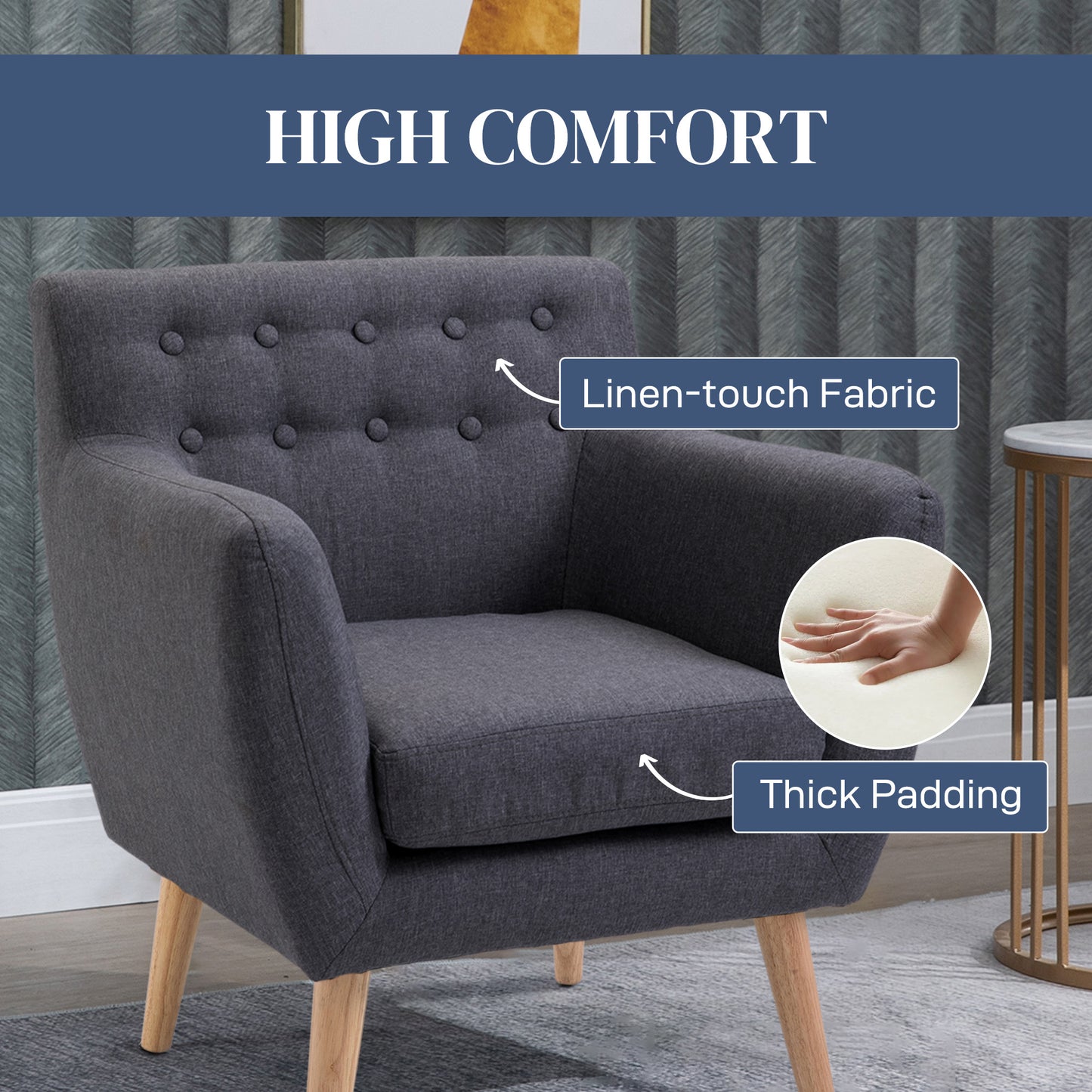 Linen Upholstery Armchair, Mid-Century Modern Accent Chair with Wood Frame, Dark Gray