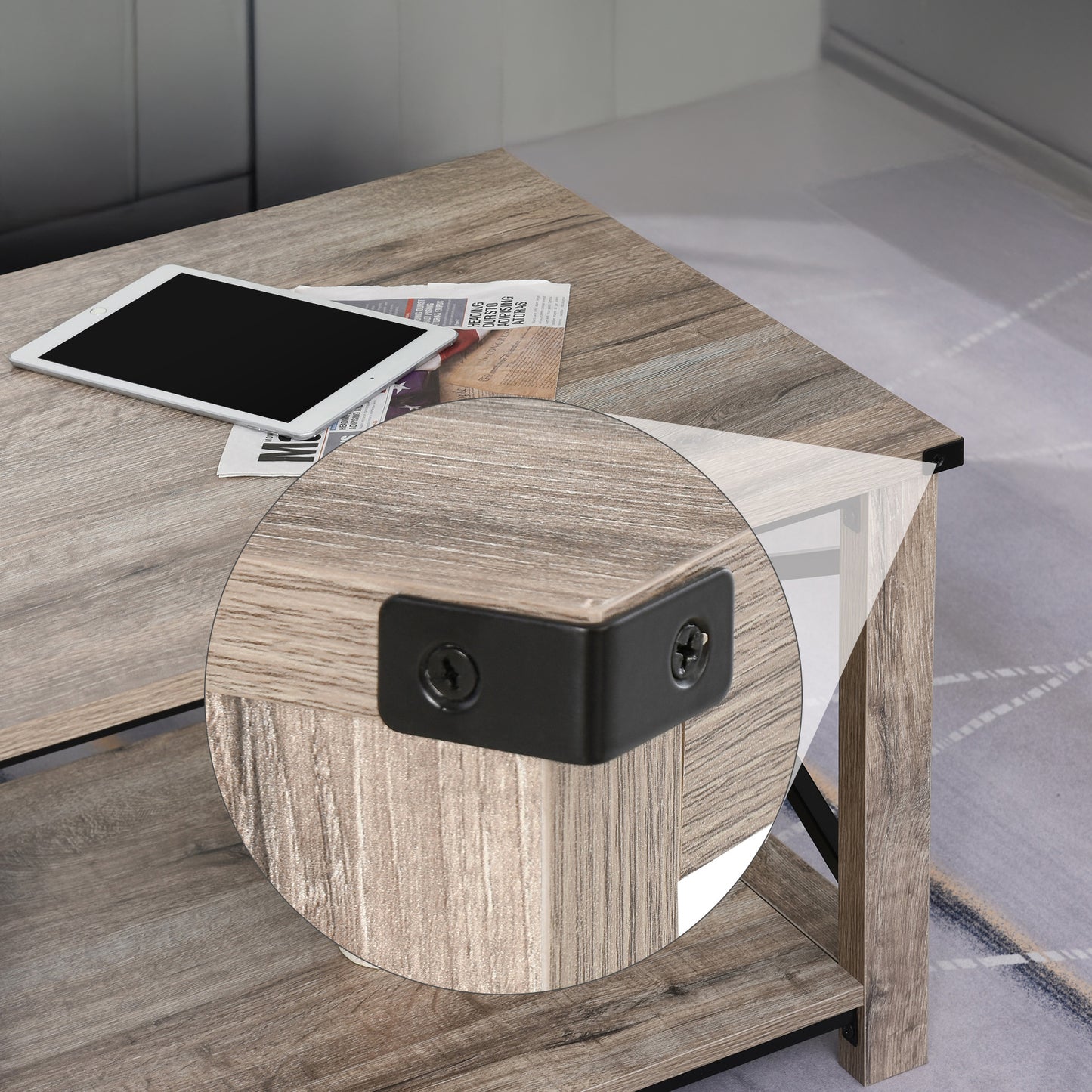 Coffee Table with X-Bar Storage Shelf, Oak