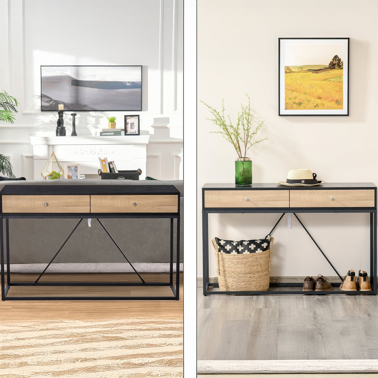 47" Industrial Console Table with Steel Frame and 2 Storage Drawers, Black