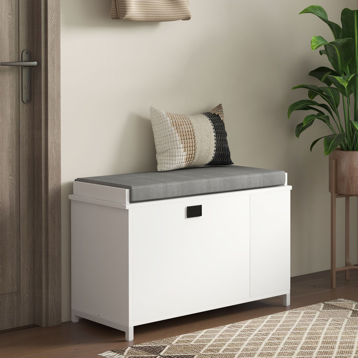 Upholstered Shoe Storage Bench with Flip Drawer and Side Rack for 6 Pairs, White