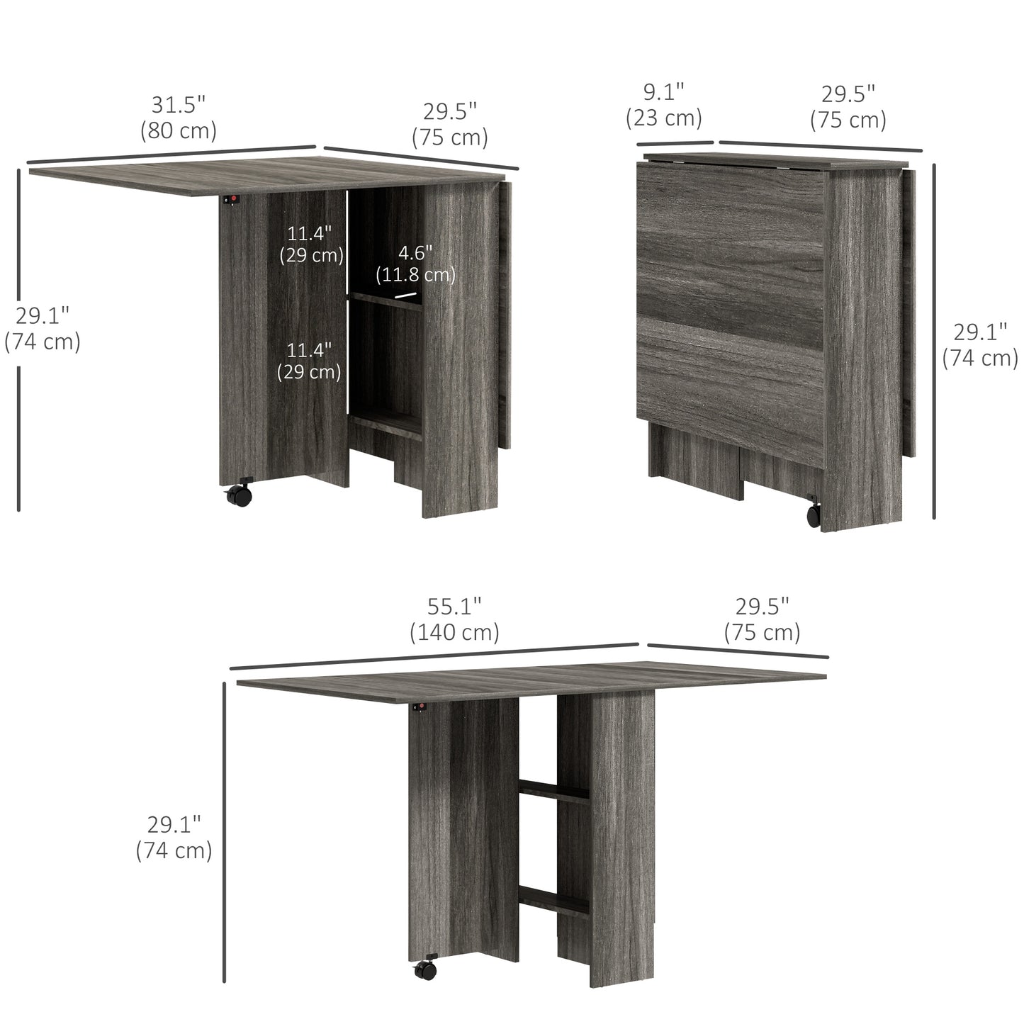 Grey Wood Grain Extendable Dining Table with Shelves