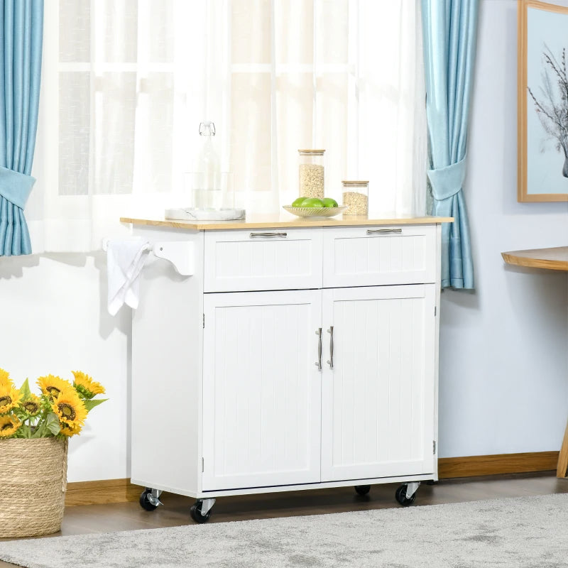 Rolling Kitchen Island Cart with Rubber Wood Top and Storage Drawers, White