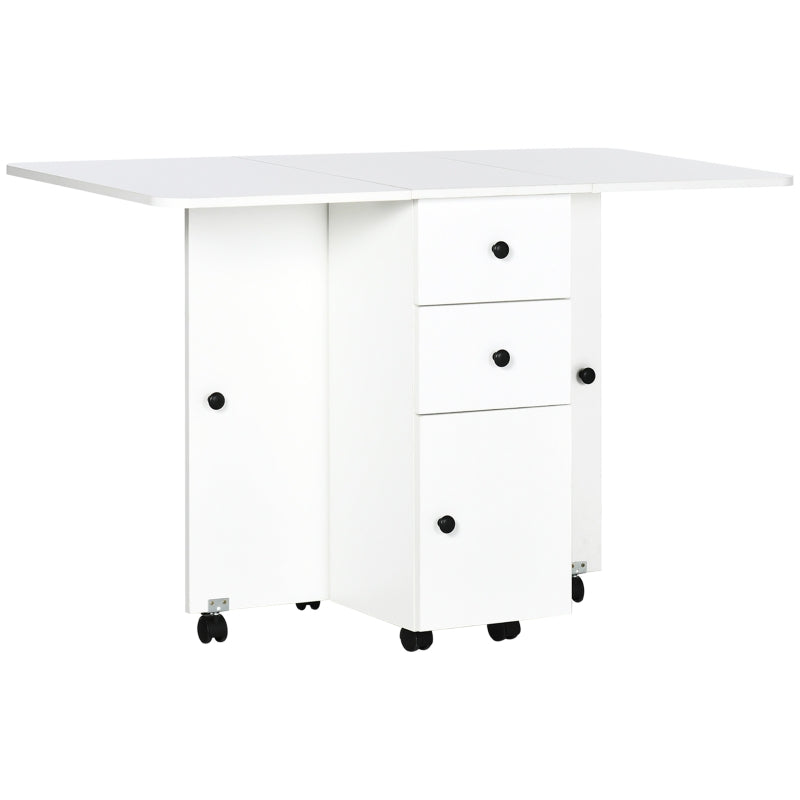 Rolling Dining Table with Storage Drawers and Cabinet - White