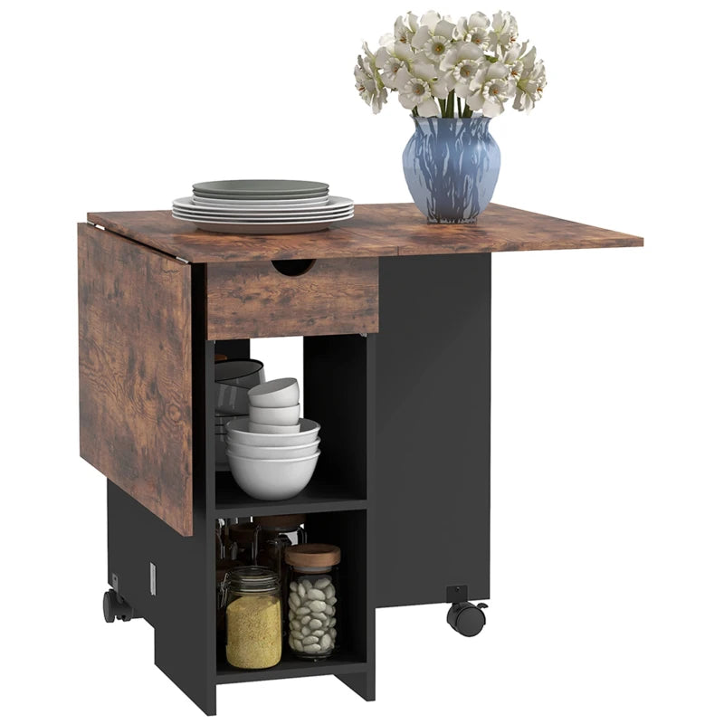Folding Dining Table with Drawer and Storage Shelves - Rustic Brown