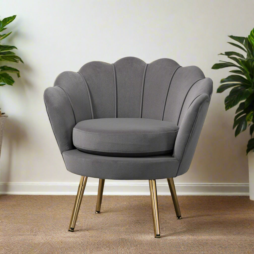 Modern Velvet Accent Chair with Lotus Backrest and Gold Legs, Grey