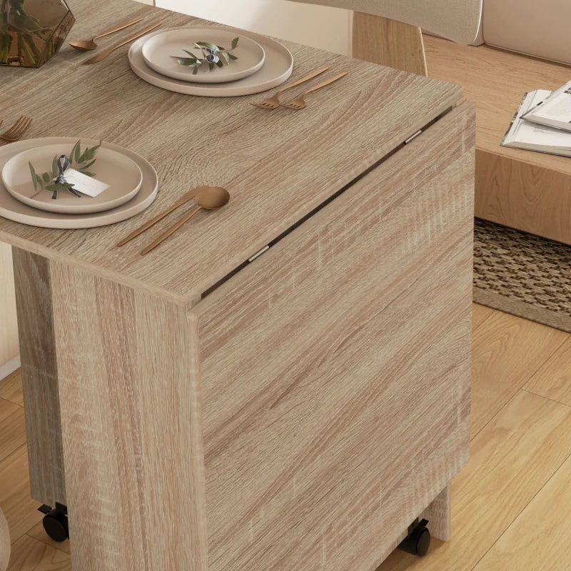 Extendable Dining Table with Storage Shelves and Rolling Wheels - Natural Wood
