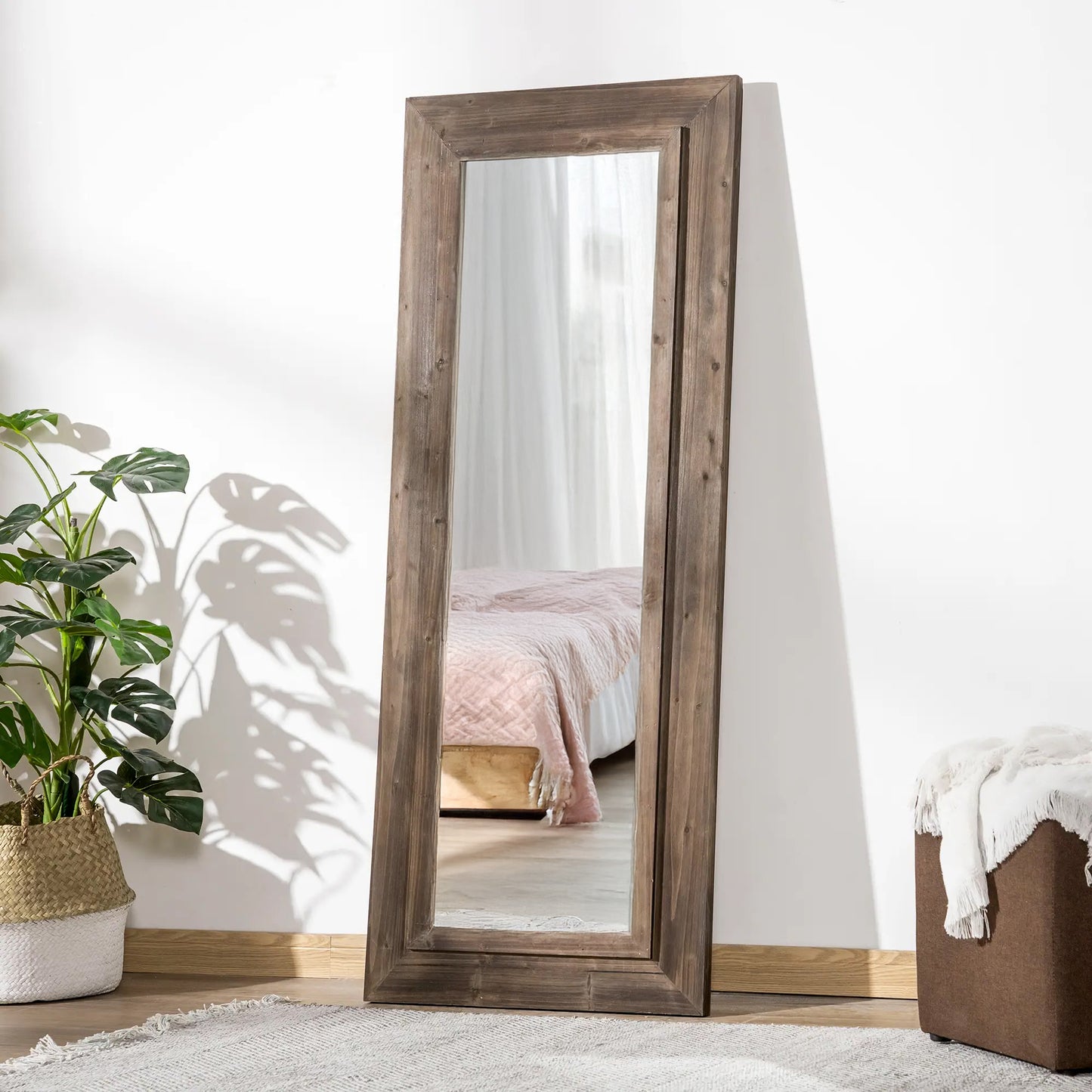 Farmhouse Full Length Mirror, 59" x 23.5", Wall Mount or Leaner with Dark Brown Frame