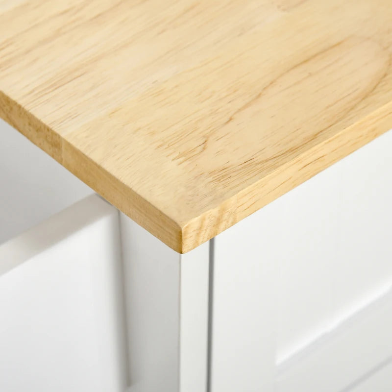 Rolling Kitchen Island Cart with Rubber Wood Top and Storage Drawers, White