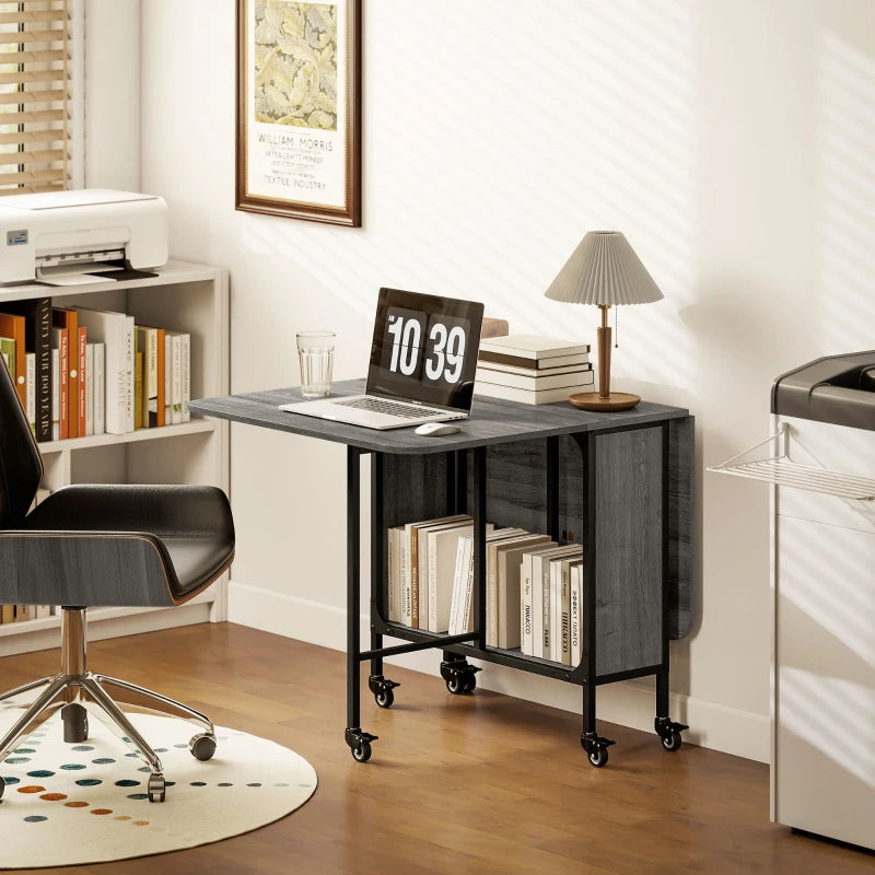 Folding Dining Table with Storage Shelf and 6 Wheels - Distressed Gray