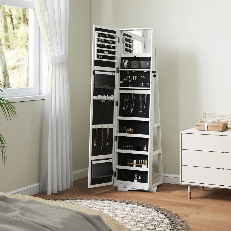 360° Swivel Jewelry Armoire with Lockable Mirror Cabinet, White