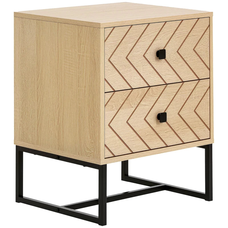 Modern Nightstand with Zig-Zag Design and 2 Drawers, Natural Wood