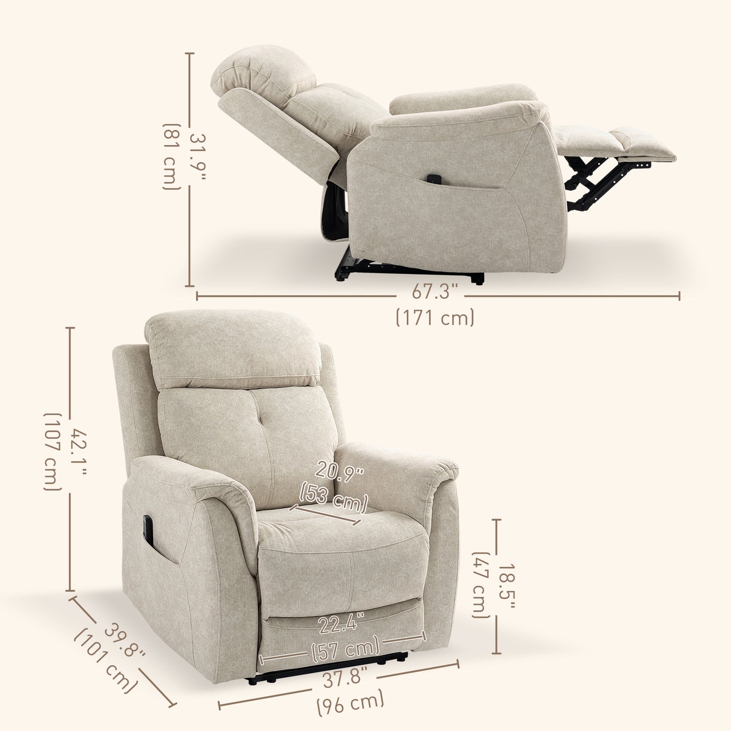 Velvet Manual Recliner Chair with Vibration Massage - Beige