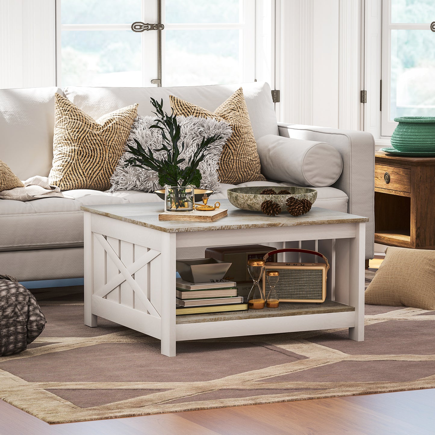 Farmhouse Square Coffee Table with X-Frame Design - Distressed Oak and Brown