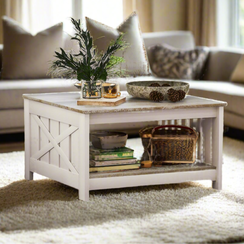 Farmhouse Square Coffee Table with X-Frame Design - Distressed Oak and Brown