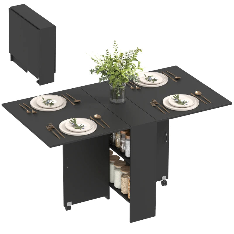 Extendable Dining Table with Storage Shelves and Rolling Wheels - Black