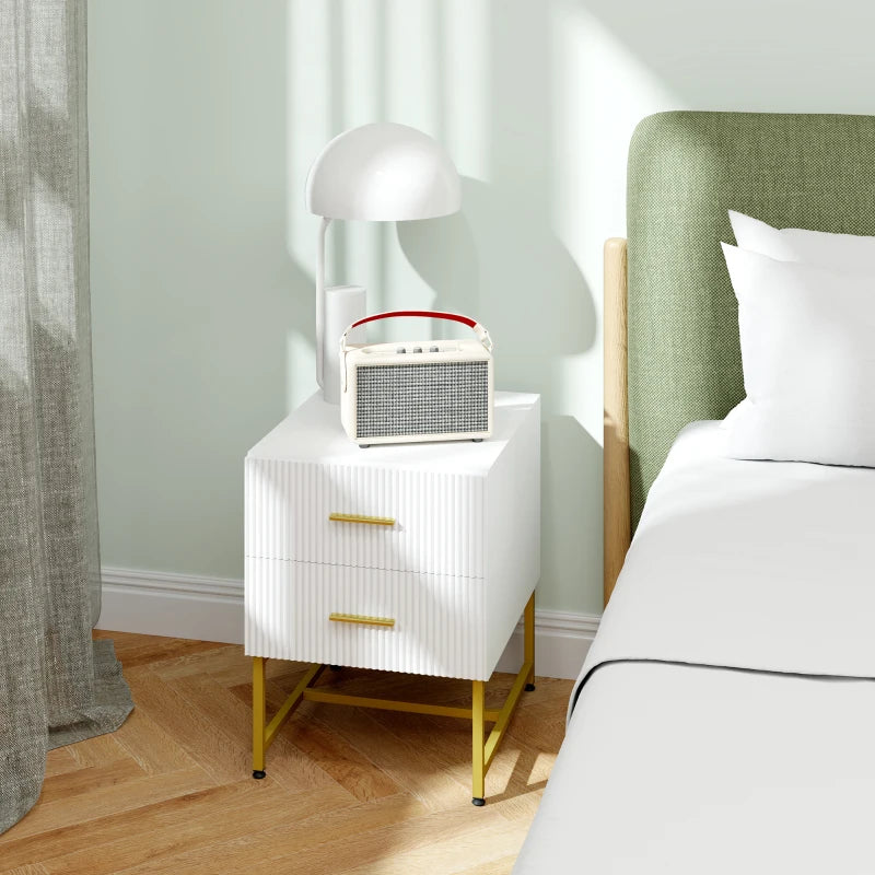 Modern Fluted Nightstands with Gold Legs and 2 Drawers, White (Set of 2)