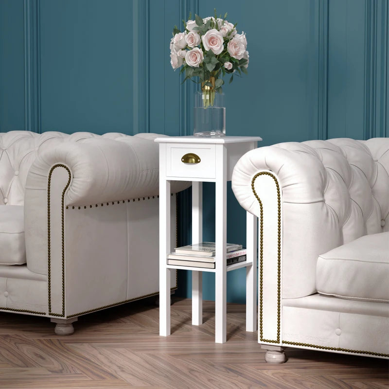 Narrow Tall Side Tables with Drawer and Shelf, White (Set of 2)