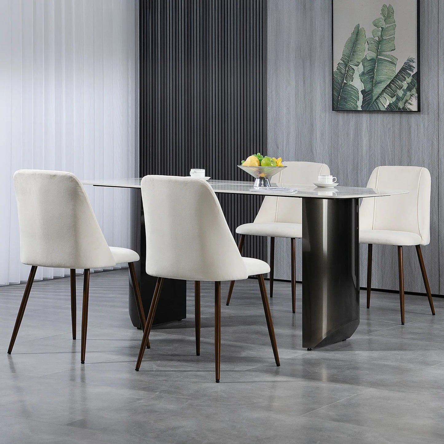 Velvet Upholstered Dining Chairs with Wood Grain Steel Legs, Cream White (Set of 4)