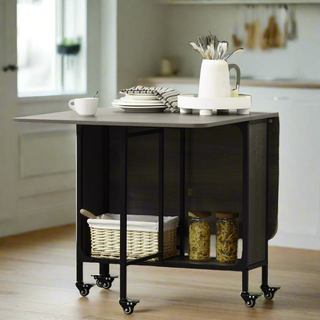 Folding Dining Table with Storage Shelf and 6 Wheels - Distressed Gray
