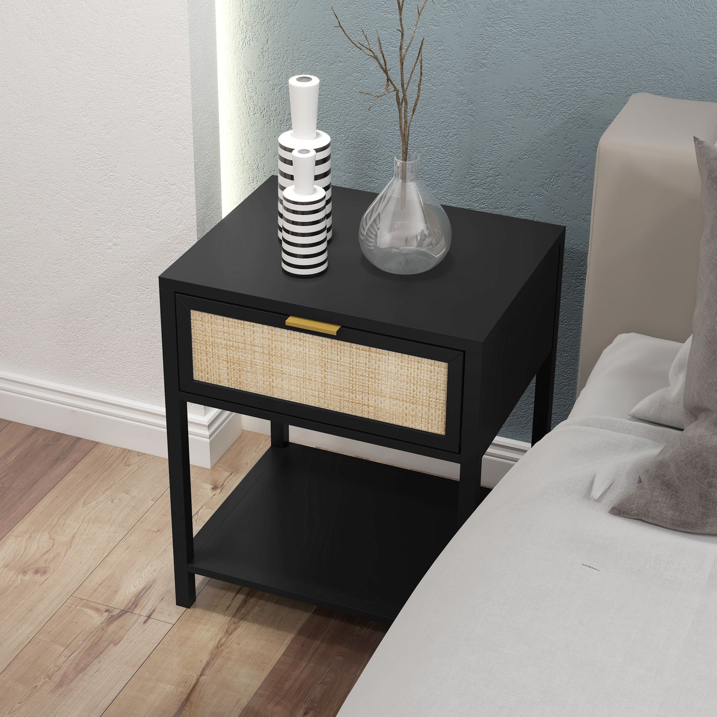 Boho Nightstand with Rattan Drawer and Open Shelf, Black